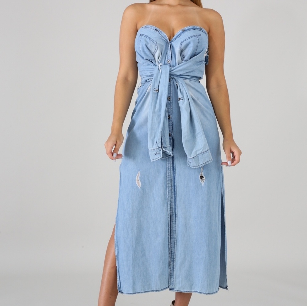 Denim Maxi Distressed Side Split Long Sleeve Button Down Dress